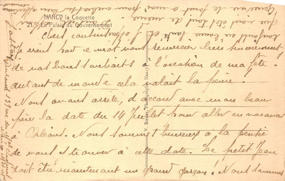Nancy — Le Palais du Gouvernement — éditeur V. Reeder - 뒷면