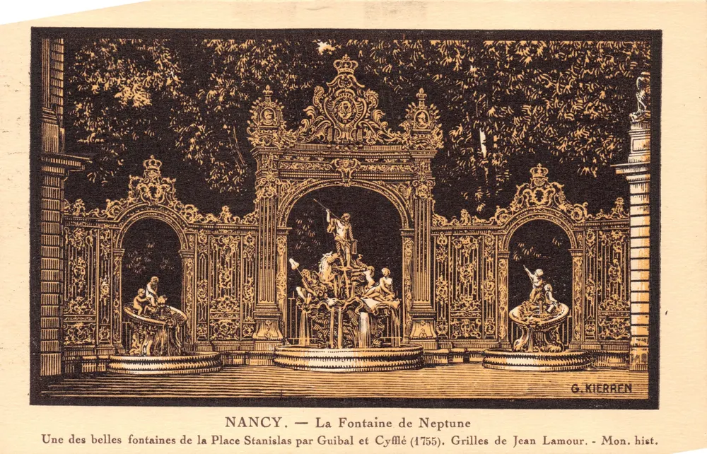 Nancy — Fontaine de Neptune — Kupferstich von G. Kierren, veröffentlicht von Camille André - Vorderseite