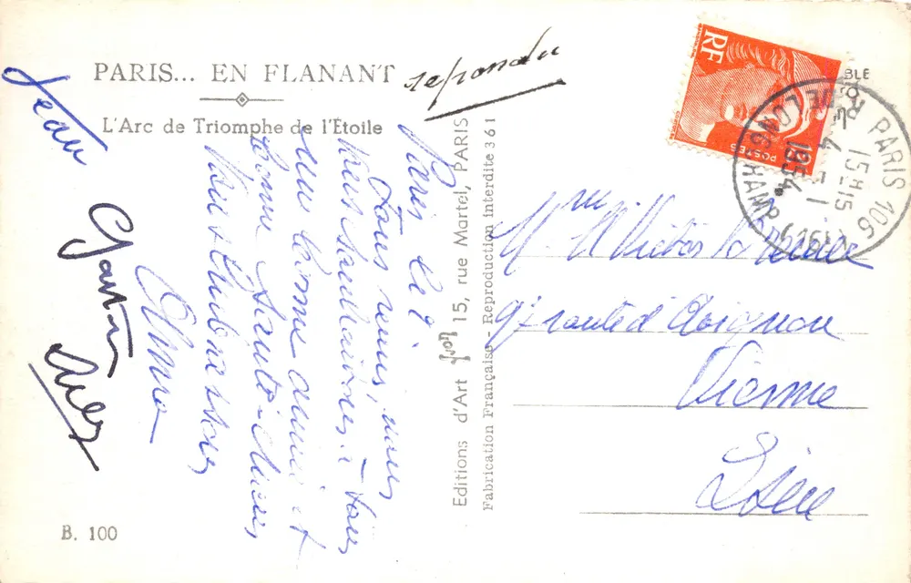 Paris — Arc de Triomphe — Editions d'Art Française, n° B.100 - Rückseite