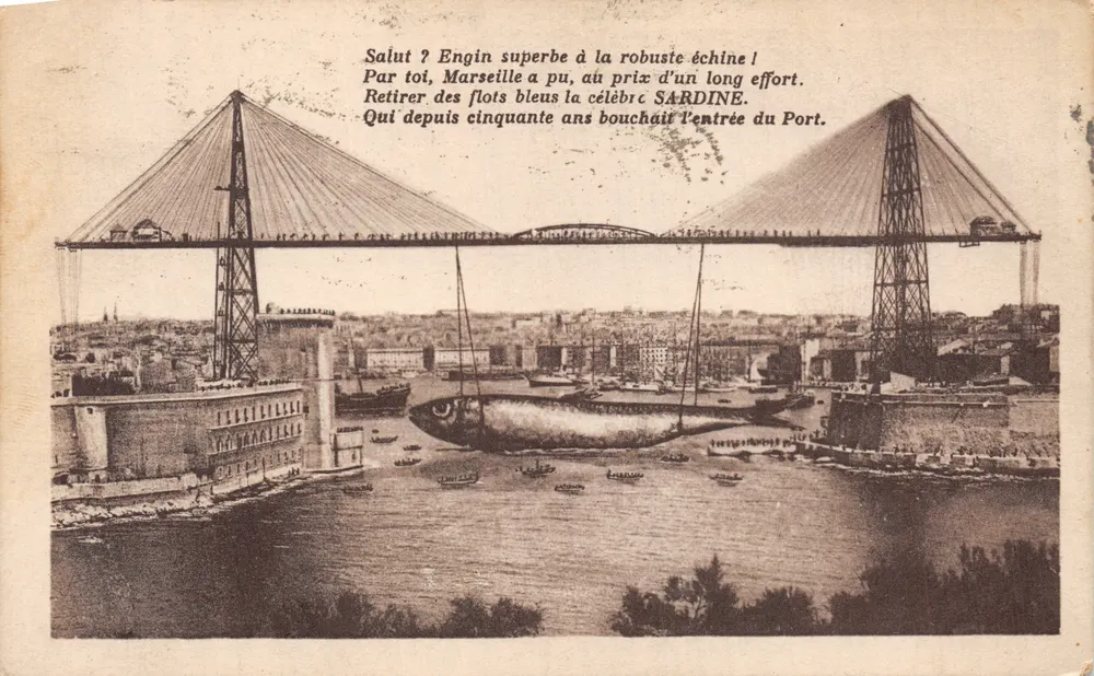 Hängbrücke von Marseille — humoristische Illustration mit einem riesigen Fisch — Verleger nicht sichtbar - Vorderseite