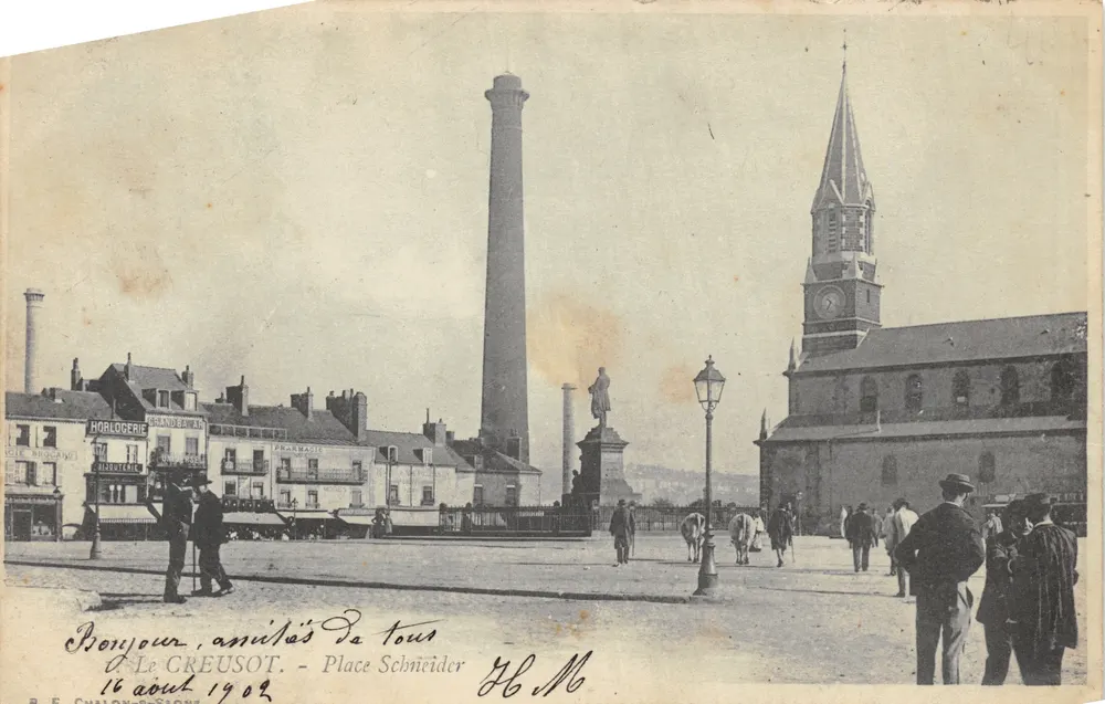 Le Creusot — Place Schneider mit industriellem Gebäude und Kirche — B. E. CHAORÉ-SONI - Vorderseite