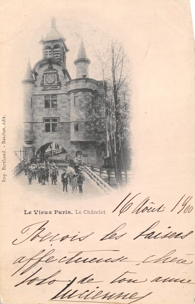 Le Châtelet — porte monumentale avec horloge — Imp. Berthaud, Baschet, édit - Recto