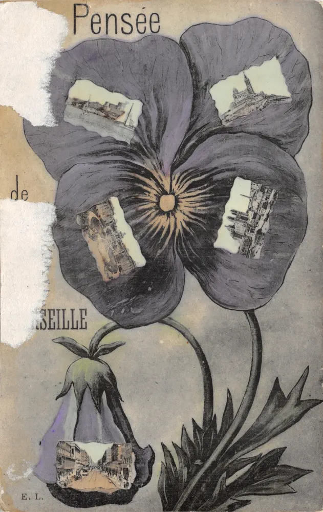 Pensée de Marseille — fleur violette ornée de vignettes de paysages — éditeur E.L - Recto
