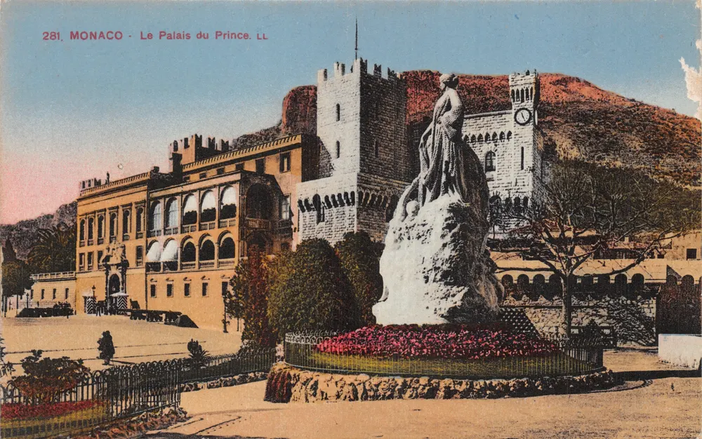 Monaco — El Palacio del Príncipe con estatua — editor LL, n.º 281 - Anverso
