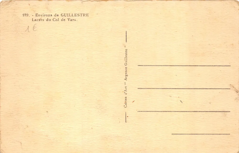 Schluchten des Col de Vars — Panoramablick mit Fahrzeugen — Verleger "FELIX" - Rückseite