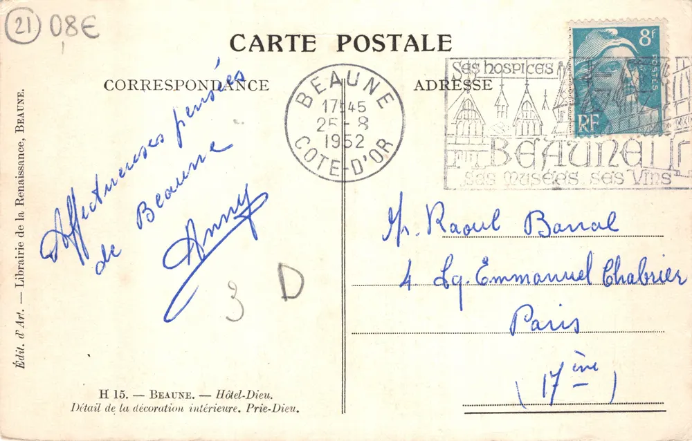 Innenraum des Hôtel-Dieu in Beaune — Details der Ausstattung — Édit. d'Art - Rückseite