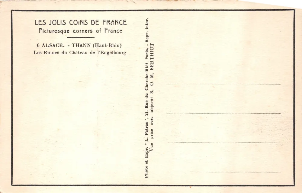 Ruinen des Schlosses Engelbourg — Thann (Haut-Rhin) — Verleger Patras - Rückseite