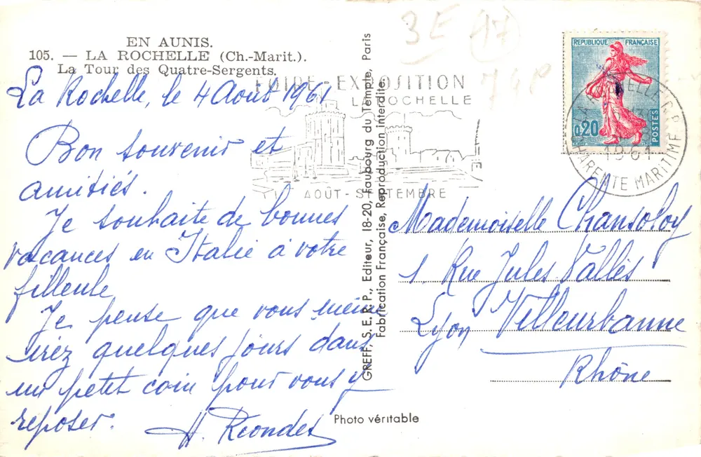 La Rochelle — Turm der Vier Sergeanten — Verlag Greff, n°105 - Rückseite