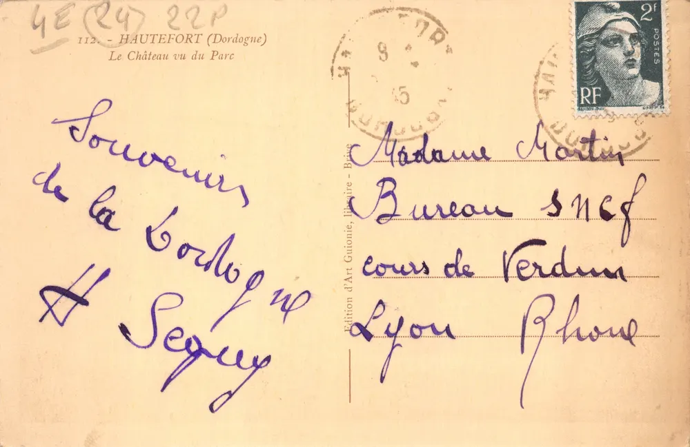 Hautefert (Dordogne) — Ansicht des Schlosses vom Park — Édition d'Art Guionie, Buchhändler - Brive - Rückseite