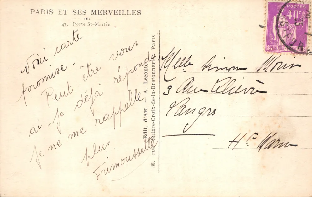Tor Saint-Martin — monumentaler Bogen mit Skulpturen — Verleger A. Leconte, Paris - Rückseite