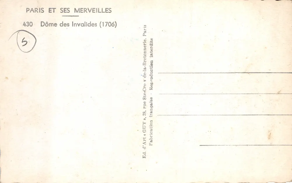 Dach des Invalides — Ansicht des goldenen Daches und der klassischen Fassade — Verlag GUY, Nr. 430 - Rückseite