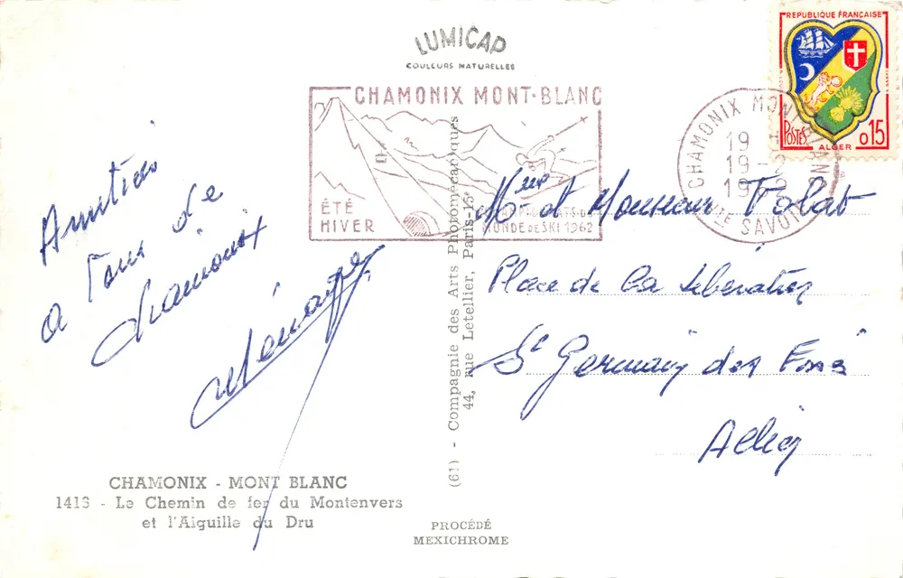 Chamonix - Mont Blanc — Die Montenversbahn und die Aiguille du Dru — Verleger IRIS - Rückseite