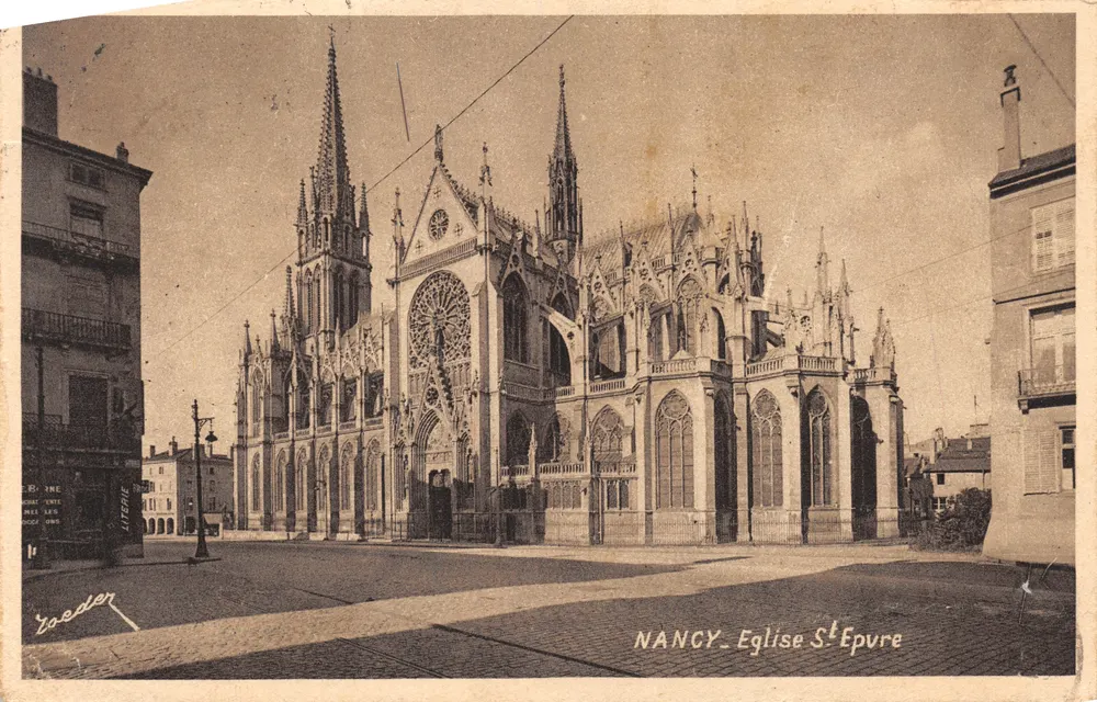Nancy - Église Saint-Épvre — façade gothique avec rosace, éditeur V. Roeder - Recto