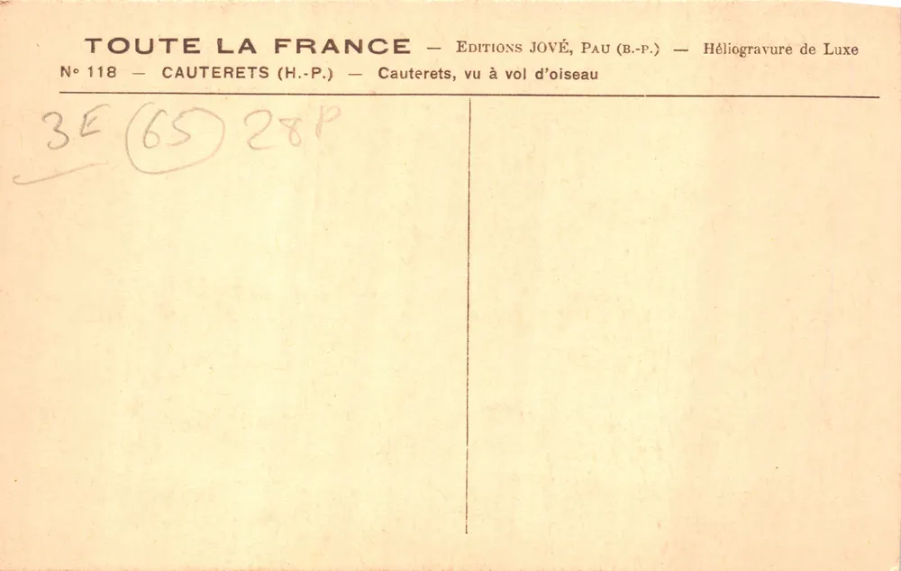 Cauterets — Ansicht von oben — Éditions Jové, Pau (B.P.) — Nr. 118 - Rückseite