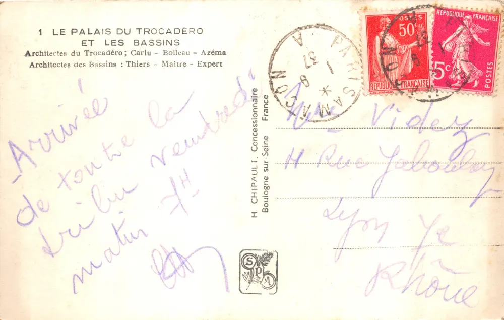 Palast von Trocadéro — Internationale Ausstellung Paris 1937 — Verlag CH - Rückseite