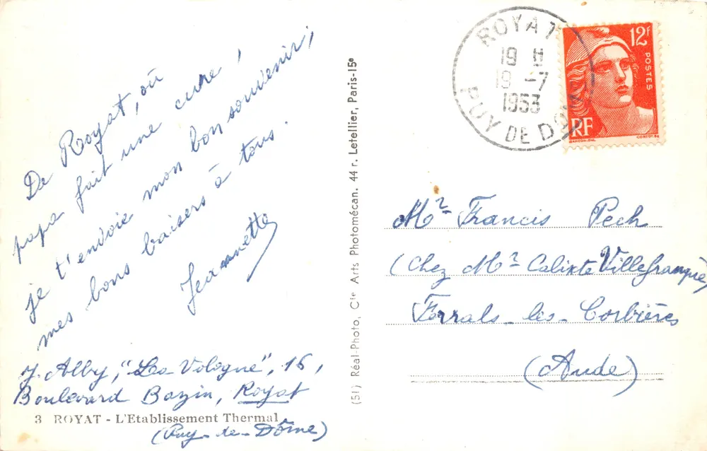 Royat — L'Établissement Thermal — éditeur J. Ally, 3 Royat - Verso