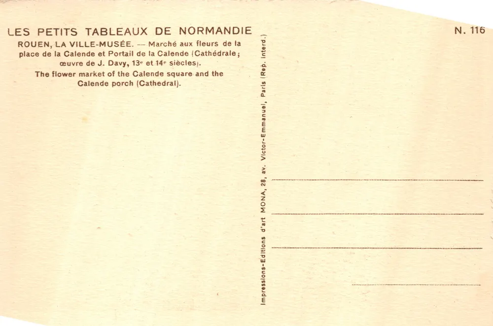 Rouen — Blumengeschäft vor dem Portal der Kathedrale — Verlag MONA, Nr. 116 - Rückseite
