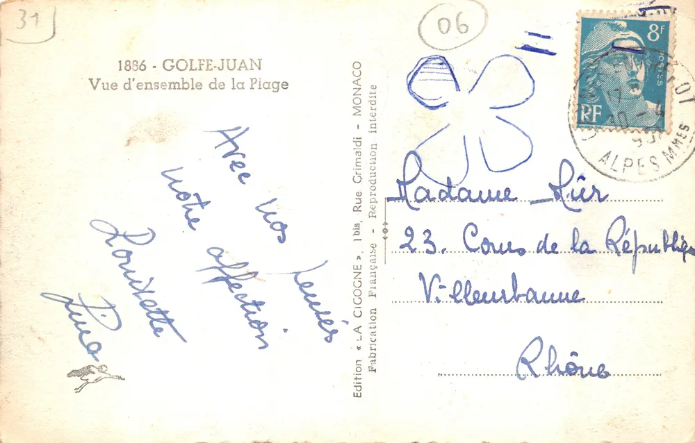 Golfe-Juan — Vue d'ensemble de la Plage — Édition « A CICOGNE » - Verso