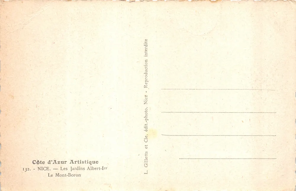 Nizza — Gärten Albert I — Aussicht von Mont-Boron — Verlag Gilletta - Rückseite