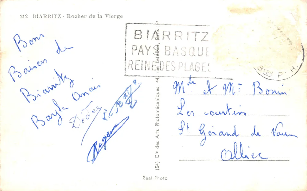 Biarritz - Felsen der Jungfrau — Verlag Réal Photo, Nr. 212 - Rückseite
