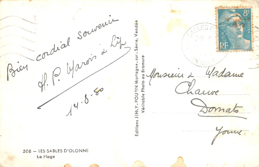 Les Sables-d'Olonne — belebte Strand mit Reihen von Zelten — Éditions JEHLY, n°508 - Rückseite