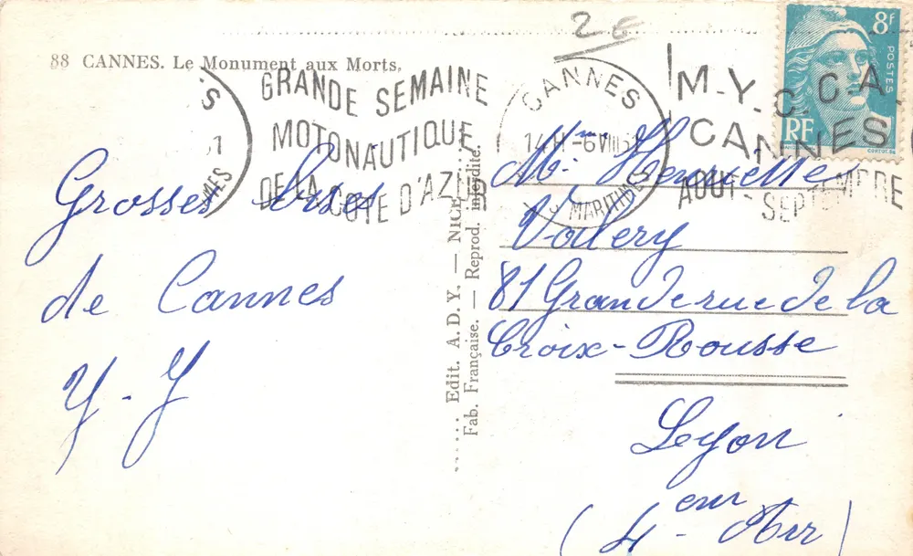 Cannes — Gedenkstein für die Toten 1914-1918 — Verlag A.D.Y. — Reprod. NICH. (n°88) - Rückseite