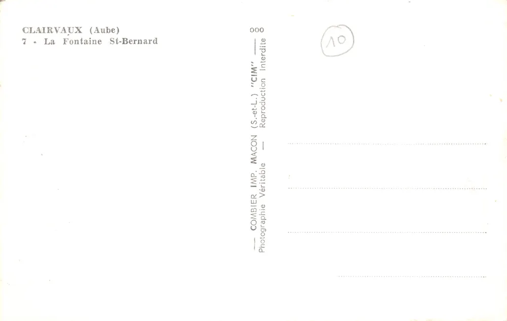 Clairvaux (Aube) — La Fontaine Saint-Bernard — IMP. COMBIBIER - Verso