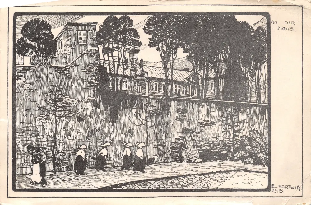 Scène de rue à An der Maas — illustration d'É. Hartwig — éditeur E. Hartwig, 1915 - Recto