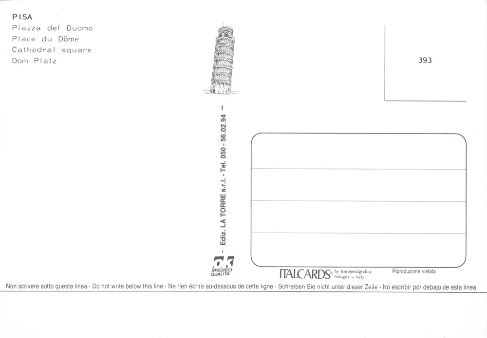 Pisa — Kathedrale und schiefes Tor — Verlag ITALCARDS, Nr. 393 - Rückseite