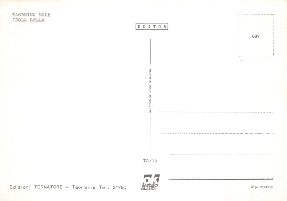 Taormina Meer — schöne Inselbucht — Edition Tornatore, Nr. 687 - Rückseite