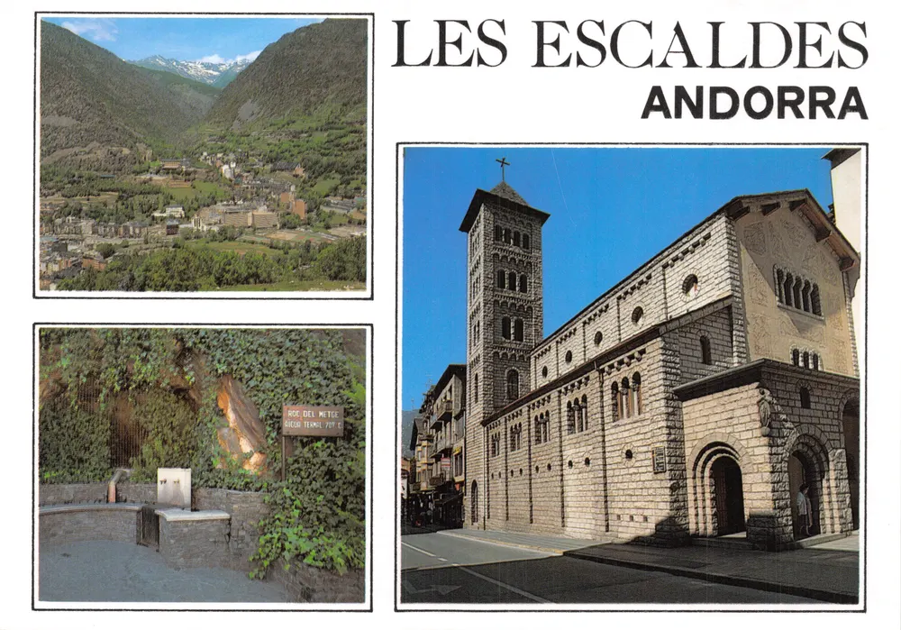 Les Escaldes — Panoramablick, Kirche und Quelle — Éditions A. Campaña, Barcelona - Vorderseite