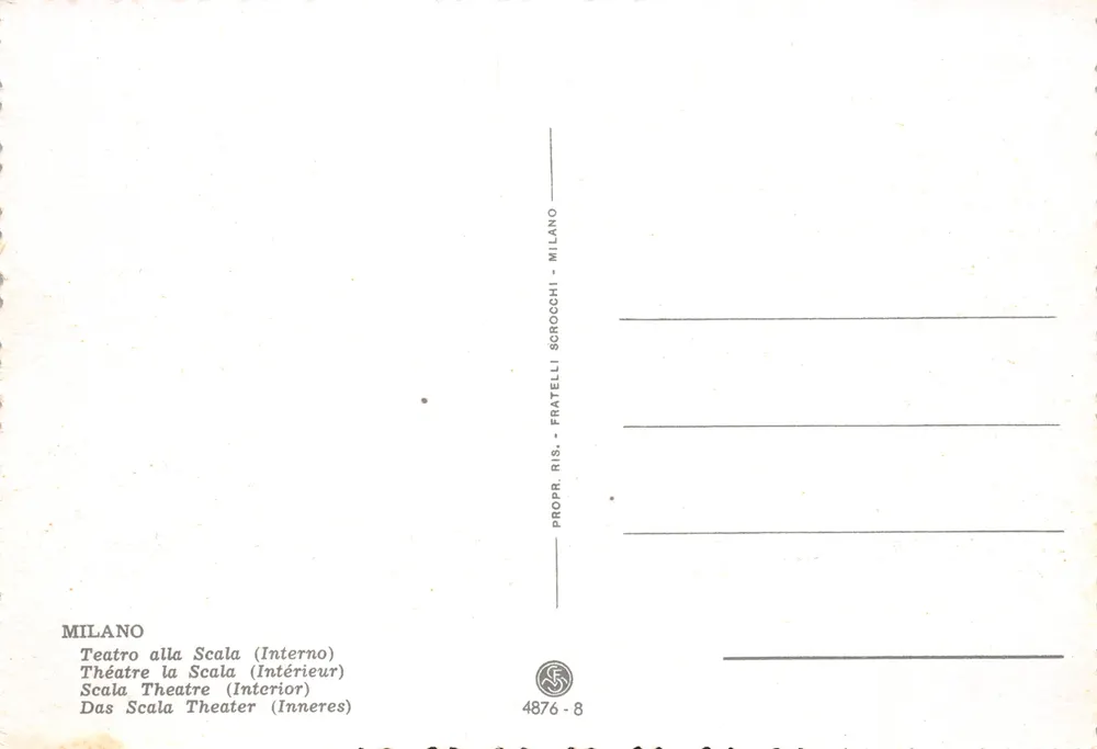 Theater La Scala — Innenansicht — Verlag Fratelli Scrocchi, n° 4876-8 - Rückseite