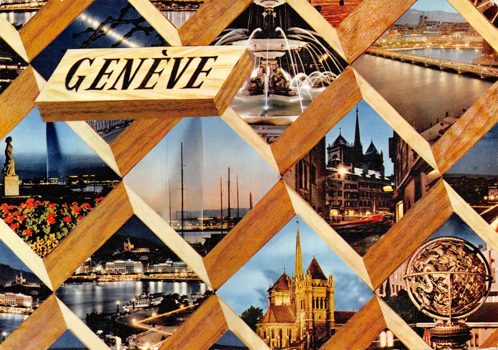 Genf — Panoramablick in geometrischem Rahmen — Éditions Jaeger - Vorderseite