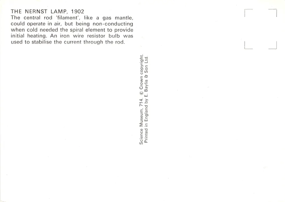 Lampe de Nernst — 1902 — éditeur E. Baylis & Son Ltd - पीछे