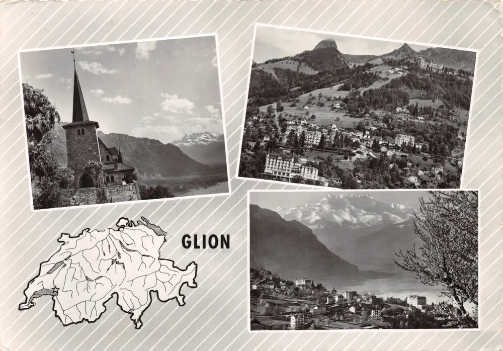 Glion — Ansicht der Kirche, Panorama und See — Edition Perrochet - Vorderseite