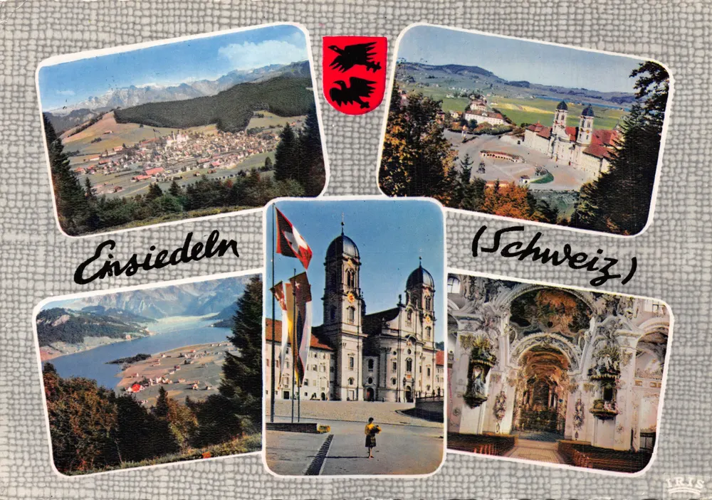 Einsiedeln — Panoramablick, Abtei, Kirche und See — Verlag Benziger - Vorderseite