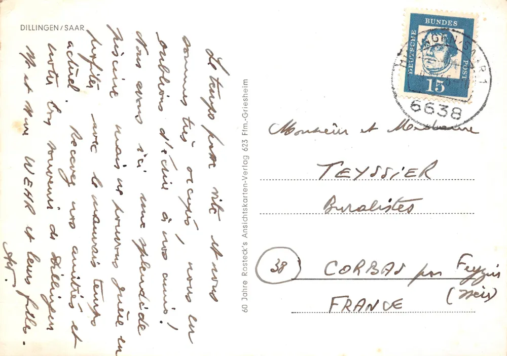 Dillingen-Saar — vue panoramique avec éditeur Rostek's Ansichtskarten-Verlag - Verso