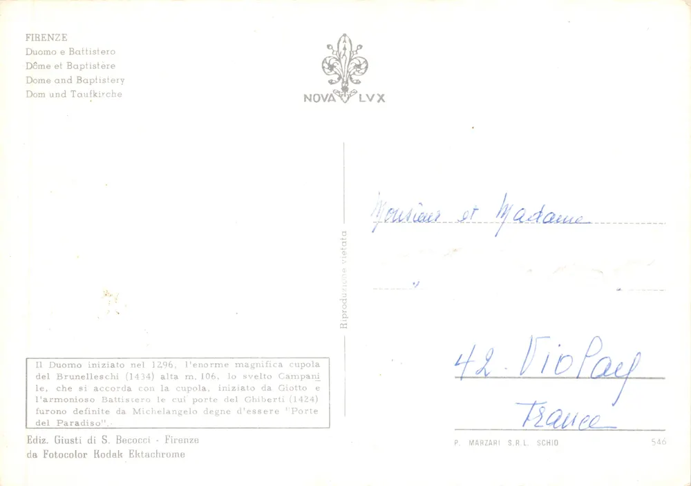 Florence — Kathedrale und Baptistenturm — Verlag: Giusti di S. Becocci, Florence - Rückseite