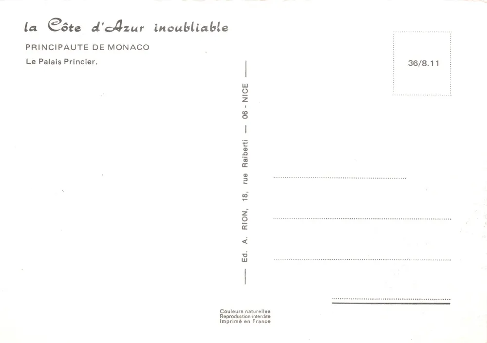 Le Palais Princier — Monaco — éditeur RION, n° 36/8.11 - Verso