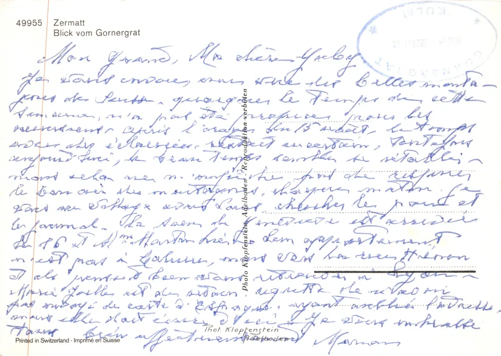 Ansicht der Gornergrat-Berge — Zermatt — Verlag Klopfenstein, Nr. 49955 - Rückseite