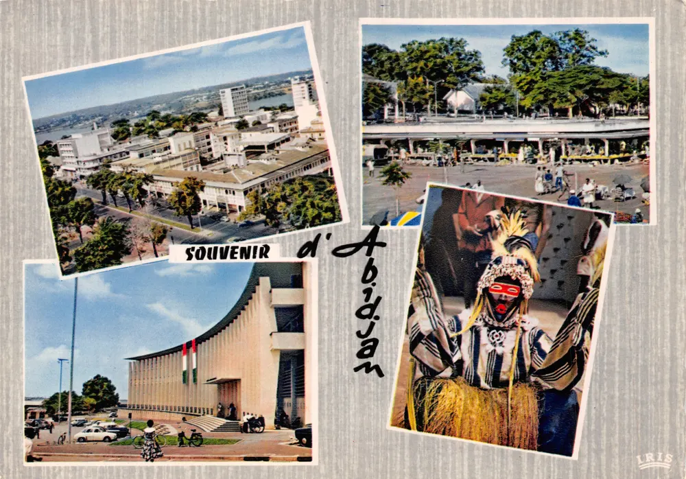 Abidjan — vue aérienne, marché, bâtiment moderne, danseur masqué — éditeur IRIS - Recto