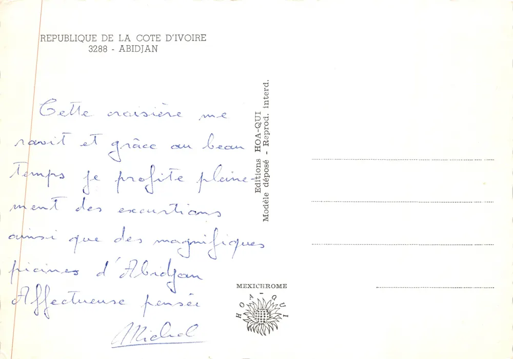 Abidjan — vue aérienne, marché, bâtiment moderne, danseur masqué — éditeur IRIS - Verso