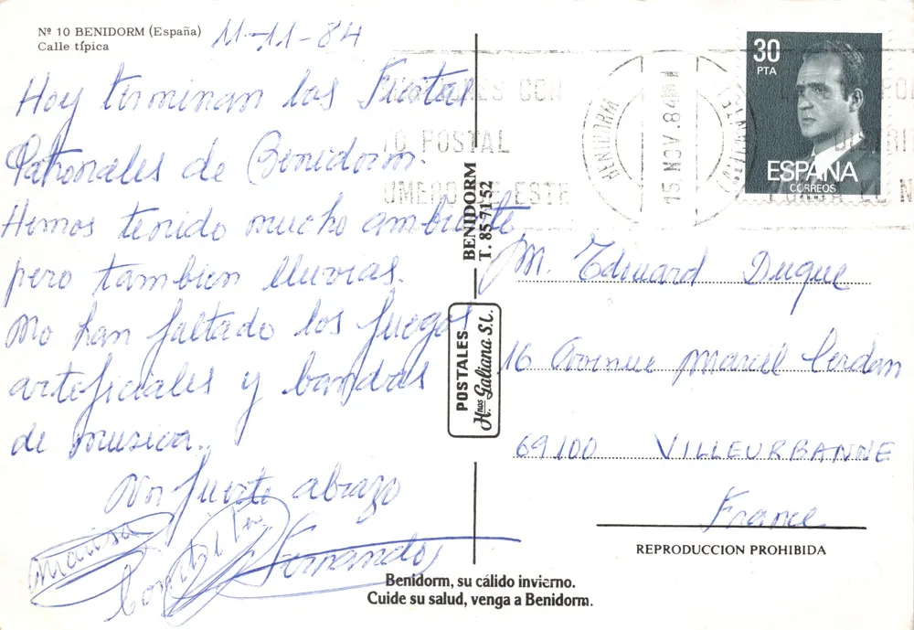 Benidorm — rue typique — éditeur POSTALES BENIDORM T. 857152, n° 10 - Verso