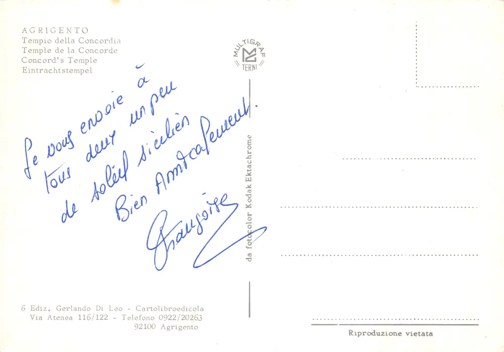 Temple de la Concordia — Agrigente — éditeur MULTIGRAF TERNI, n°6 - Verso
