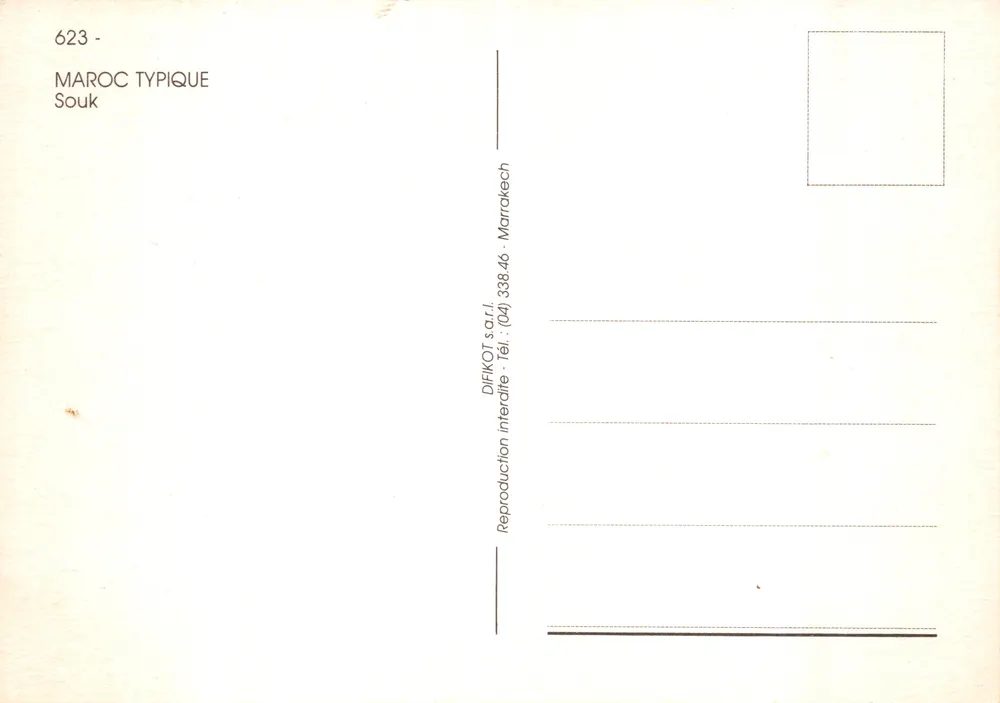 Lebendiger Markt — Szene eines Souks mit beladenen Eseln — Verlag DIFIKOT sarl, Nr. 623 - Rückseite