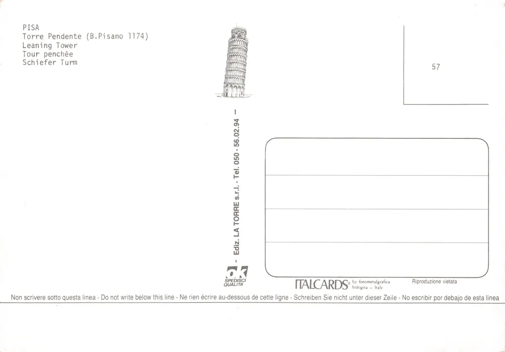 Pisa — Schiefer Turm (Torre Pendente) — Verlag ITALCARDS, Nr. 57 - Rückseite
