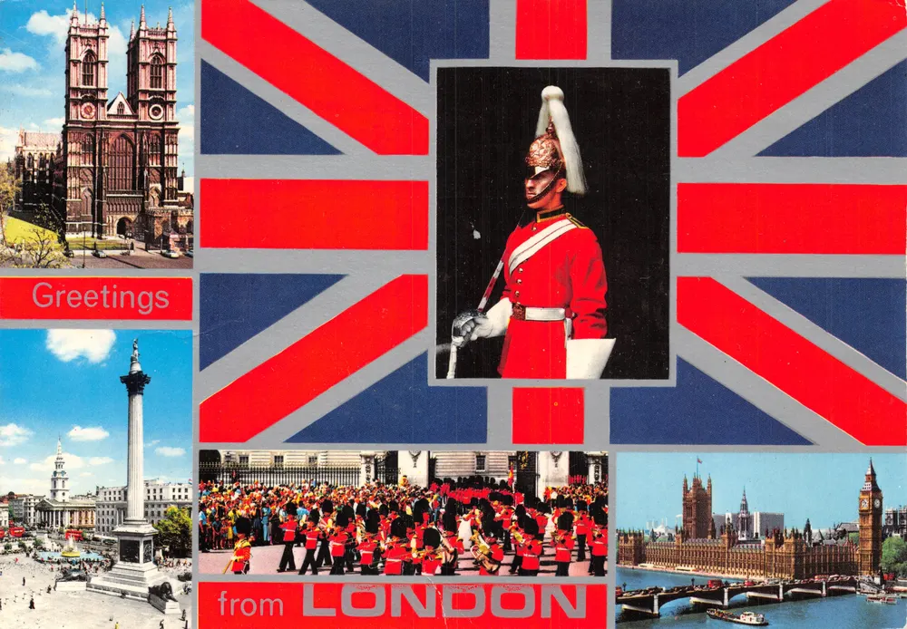 London — Collage emblematischer Sehenswürdigkeiten mit britischer Flagge — Verlag COLOURMASTER INTERNATIONAL - Vorderseite