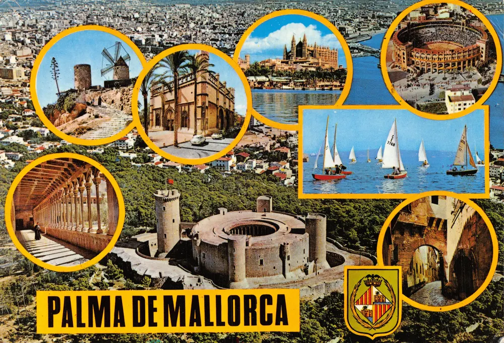 Palma de Mallorca — Panoramablick mit Denkmälern und Segelschiffen — Éditions Planas - Vorderseite