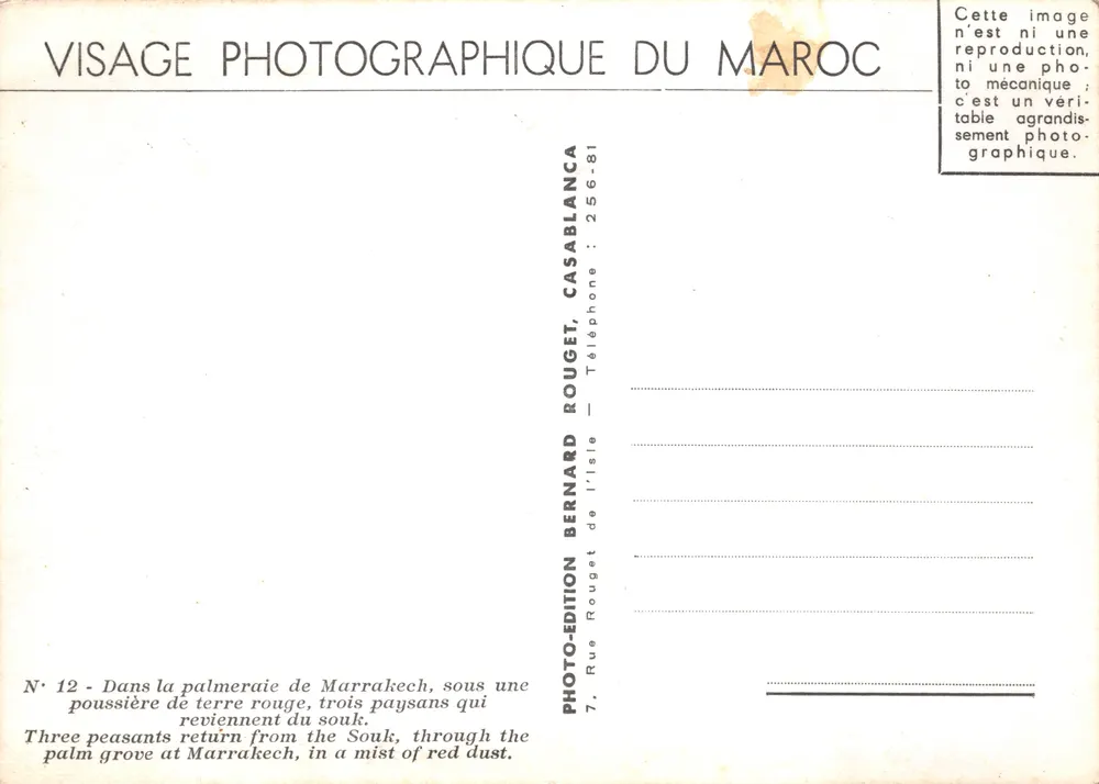 Drei Bauern zu Pferde — Palmenhain von Marrakech — Verlag Bernard Rouget, Casablanca - Rückseite