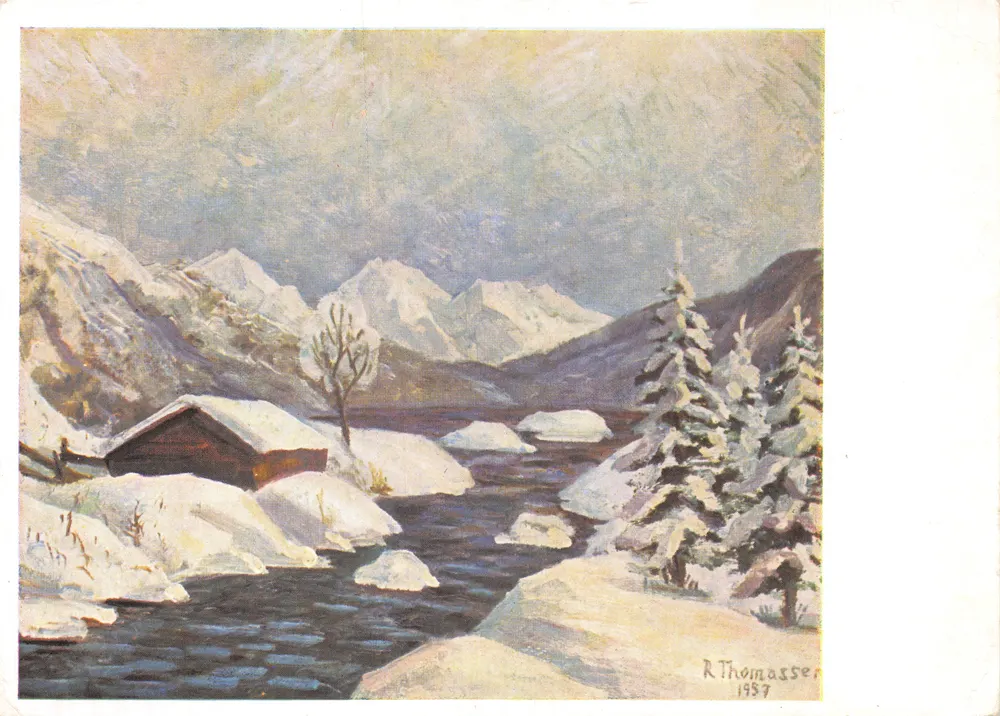 Alpine Winterlandschaft — schneedecktes Chalet und Fluss — R. Thomassser 1937 - Vorderseite